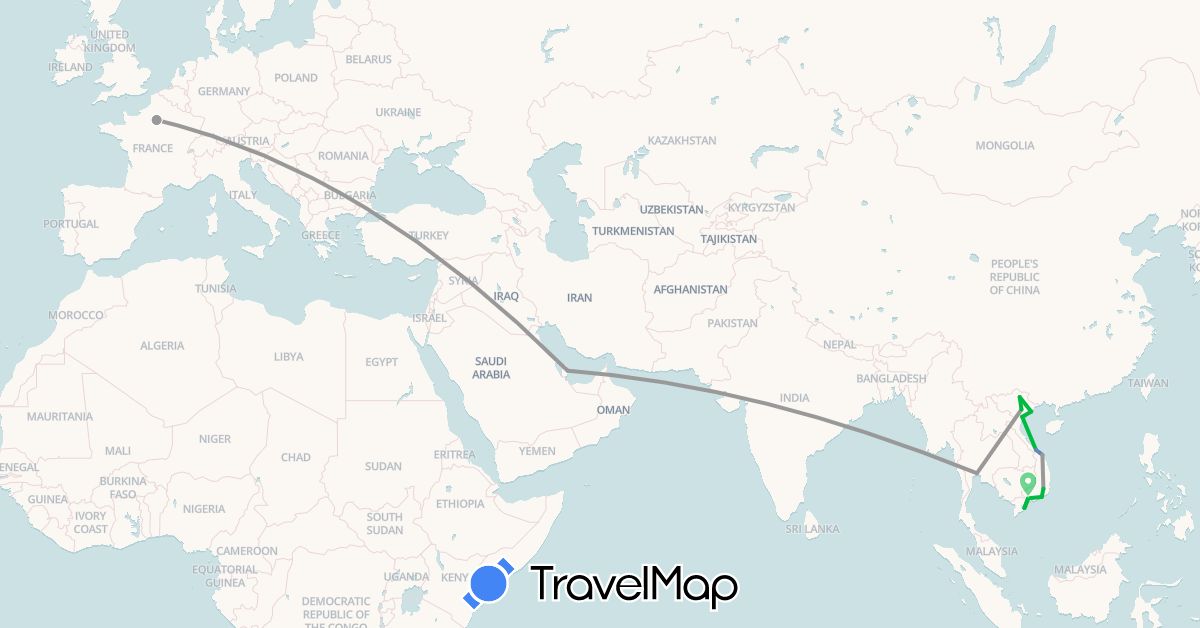 TravelMap itinerary: bus, plane, cycling in France, Qatar, Thailand, Vietnam (Asia, Europe)